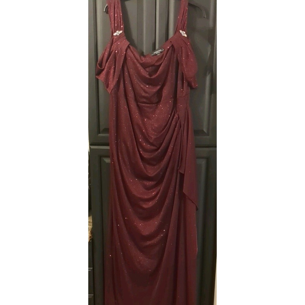R&M Richards 2061 Long Off Shoulder Formal Dress Gown Sparkly Merlot Size 20W